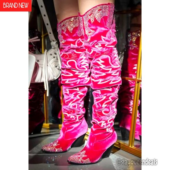 Thigh High Wide Calf Boots with Rhinestone Embroidery & Memory Foam - Picture 4 of 8